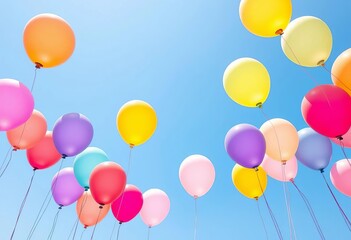 Pastel rainbow colored balloons floating against a bright blue sky,  spring,  image