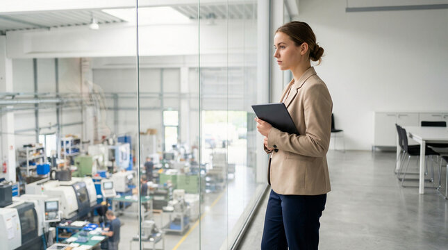 A businesswoman with a tablet looking out a large window at a modern factory floor with machinery and employees working in the background