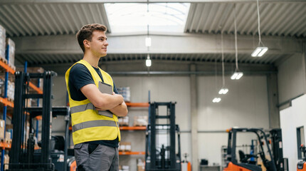 A young man in a bright yellow safety vest stands with his arms crossed holding a tablet computer in a warehouse environment
