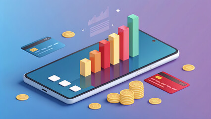 A mobile phone displays a growing business graph surrounded by coins and credit cards, symbolizing financial success and digital commerce growth.