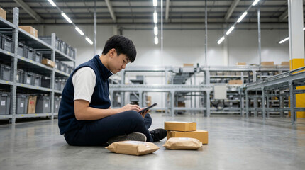 Young male warehouse worker in blue vest sitting on floor using tablet to manage packages and orders in a modern distribution center