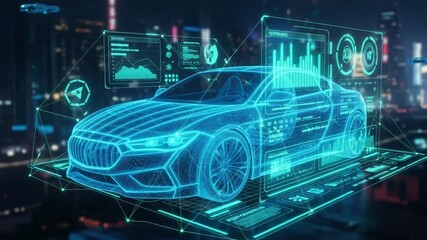 Futuristic electric car with digital interface in smart city - Powered by Adobe