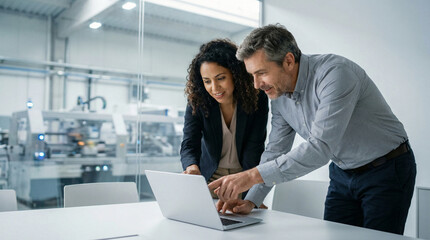 Two professionals in a modern office setting reviewing data on a laptop, discussing a project with focus and collaboration