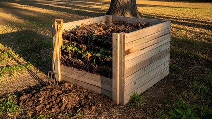 Composting as Ritual-Wide outdoor scene of simple home composting setup, natural textures, soil and leaves, warm sunlight, grounded and mindful sustainability emotion.