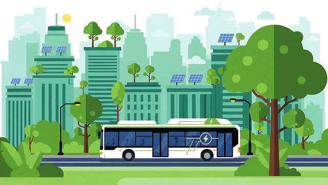 A modern electric bus travels through a green, eco-friendly city with solar panels and rooftop gardens.