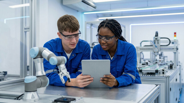 Two young engineers in safety goggles and blue overalls examining a tablet near a robotic arm in a bright laboratory setting, discussing technology
