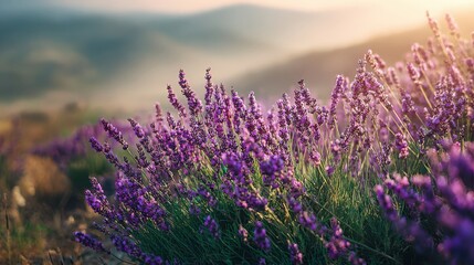 Fototapeta premium Vibrant purple lavender spikes blooming in a sunlit field during dawn or dusk, evoking a sense of natural beauty and tranquility.