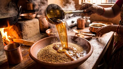 Traditional Indian Cooking Process with Hot Oil Pouring into Spices.