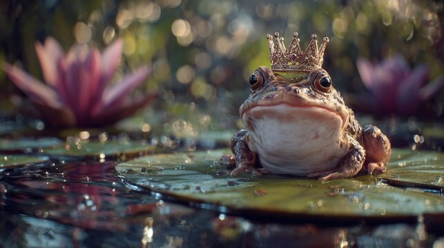 A sleepy frog w/ a crown sitting on a lilypad, stylized 3d render, soft depth of field, fairytale mood, detailed textures & reflections