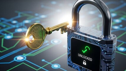 Digital security and access granted with a key unlocking a padlock and a glowing network of digital connections