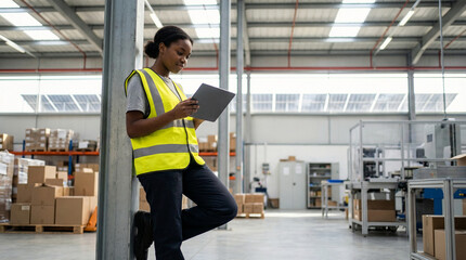 A professional woman wearing a safety vest looks at a tablet in a warehouse, reviewing inventory and logistics for efficient operations