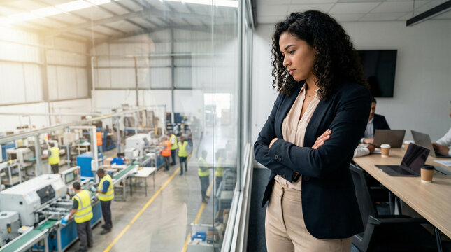 Businesswoman looking out window at factory floor workers, reflecting on industrial production and business operations, in a modern office setting