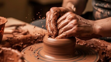 Hands shaping clay on a potter's wheel, creating a ceramic masterpiece