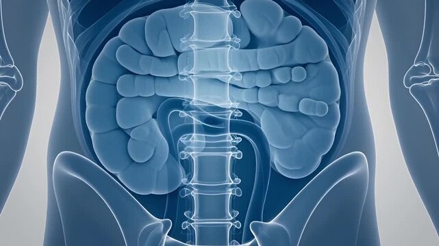 Human Abdominal Organs X Ray Visualization. Detailed 3D medical visualization of abdominal organs including intestines and spine in transparent x ray style.