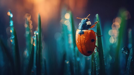 Vibrantly colored ladybug with glossy shell crawling on wet grass stalk in soft morning light