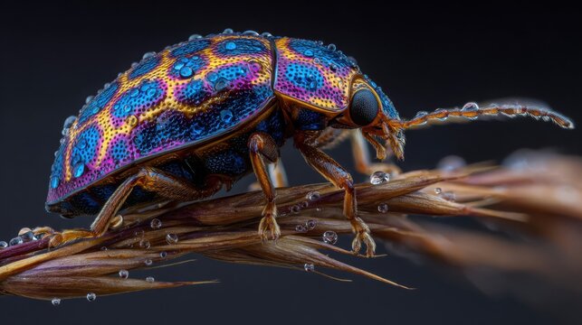 A brightly colored metallic ladybug with iridescent shell covered in water drops on a plant stem - Powered by Adobe