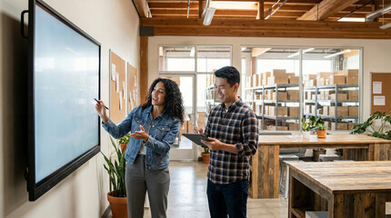 Two colleagues collaborating on a digital whiteboard in a modern office space, brainstorming ideas and discussing strategy for a project