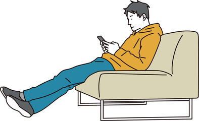 ソファでくつろいで携帯を操作する若い男性のイラスト素材