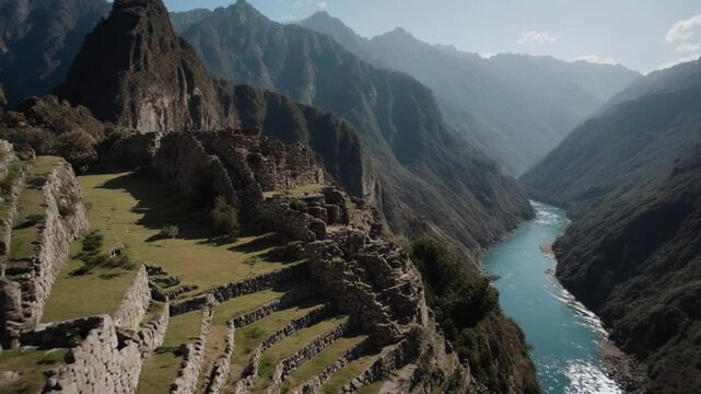 Aerial View of Machu Picchu Ancient Inca City nestled in the Andes Mountains