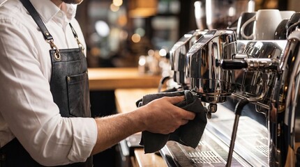Barista in black leather apron cleaning and maintaining a professional chrome espresso machine in a modern cafe.
