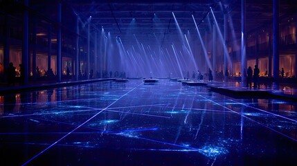 Modern artistic installation with blue lights and reflections in a spacious venue showcasing cutting-edge technology and creativity