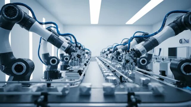 Advanced industrial robots precisely assemble products on a high-tech conveyor belt in a clean manufacturing plant.