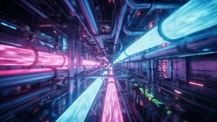 Illuminated futuristic tunnel with glowing pipes metallic structures and vibrant neon colors - Powered by Adobe