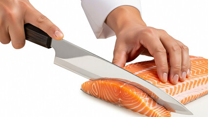 Chef precisely slicing a fillet of fresh, raw salmon with a sharp knife white background