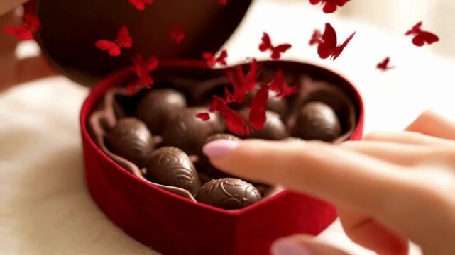 unboxing a velvet heart shaped box with a delicate ribbon on soft surface