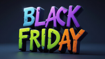 Colorful 3D text "Black Friday" with vibrant neon colors on a dark background