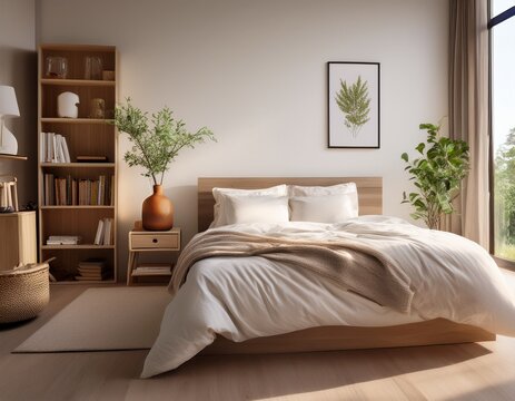 a bedroom with a bed a vase a bookcase and a window the bed is made and has a white comforter