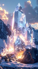 Glowing Crystal Formation in Fantasy Mountain Landscape