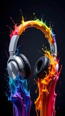 Colorful Paint Splash Headphones Music Concept Art