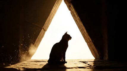 Silhouetted cat sitting in an ancient triangular stone doorway with dramatic backlight and dust for mystery concept and new beginnings