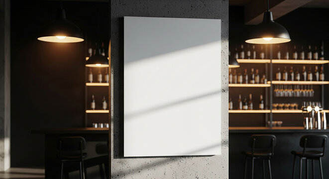 Empty frame hangs above bar counter in liquor store. Shelves filled with alcohol bottles provide background. Retail space awaits new advertisement for sale or promotion.