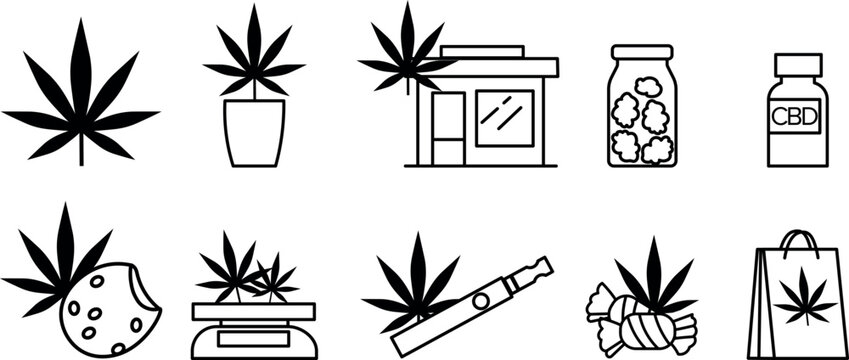 Cannabis industry icon pack with marijuana leaf, CBD oil, dispensary, edibles, vape pen and weed products. Minimal black line icons for branding, UI and medical design