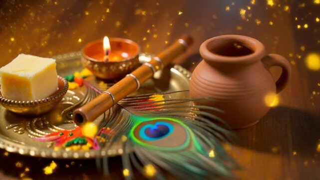 A beautiful ode to Krishna Janmashtami traditional flute, peacock feather, lit lamp, and sweets arranged for divine devotion and cultural celebration