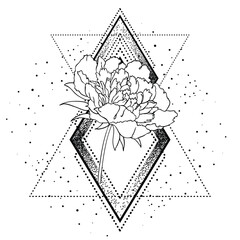 Vector illustration of a peony flower combined with sacred geometry elements. Black and white outline design in tattoo and coloring book style, perfect for prints, spiritual art, and mindful coloring.