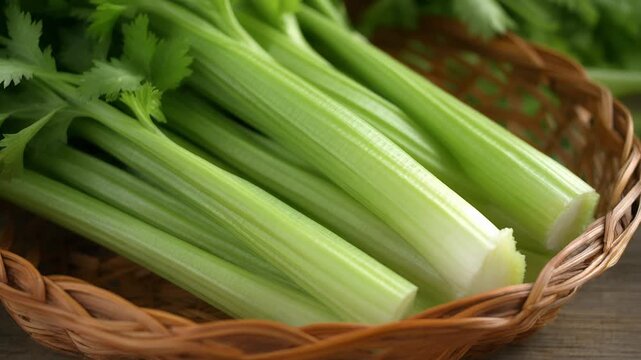 Celery beautifully arranged in a basket surrounded by nature with rich, fresh tones
