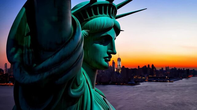 Statue of Liberty at Sunset with New York City Skyline