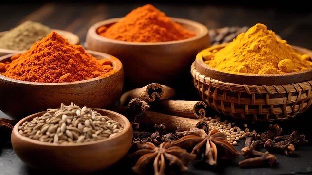 Aromatic spice collection with vibrant powders and whole spices in wooden bowls