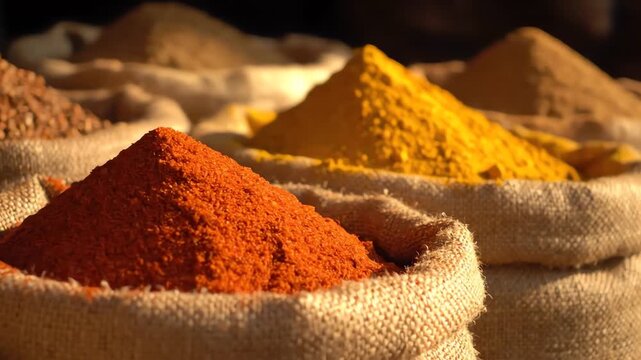 Colorful heaps of ground spices in burlap sacks at a vibrant market, ready for culinary adventures.