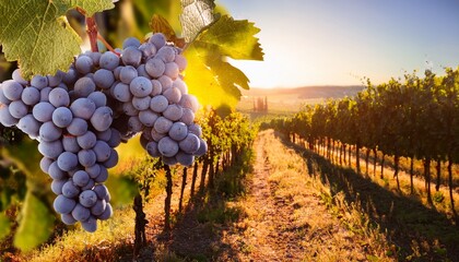 ripe purple grapes on vine in sunlit vineyard ready for harvest