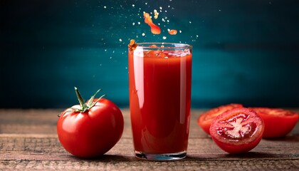 tall glass of fresh tomato juice with a sliced tomato and spilled juice on a rustic wooden surface