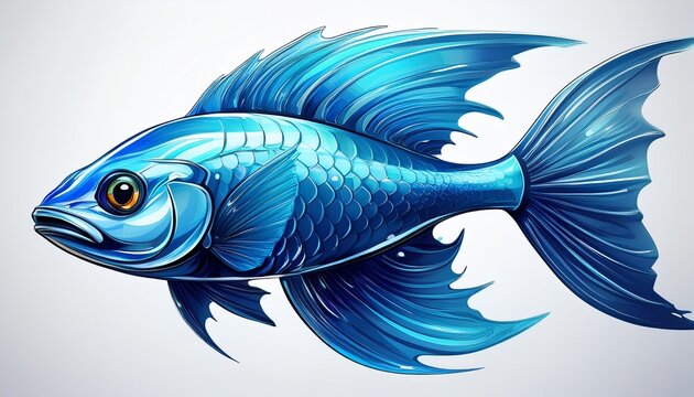 stylized blue fish with glowing eye and prominent fins on white background