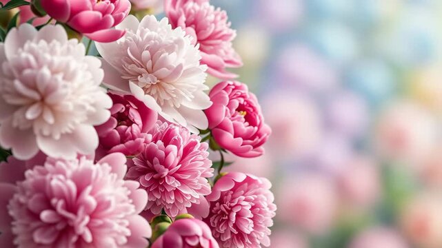 Close-up of a vibrant bouquet of pink and white peonies in full bloom with a gentle, blurred background. Ideal for themes of spring, beauty, and special occasions.