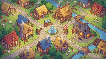 Obraz premium Cute Vibrant Isometric Fantasy [Blacksmith Village] Battle Map - Tabletop RPG Adventure Grid