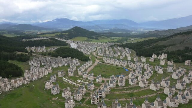 Burj Al Babas ghost town abandoned fairytale castles drone aerial view in Turkey