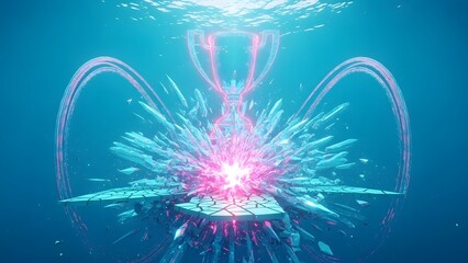 Commonwealth Games 2026 -A vibrant underwater scene with a glowing pink light and a trophy surrounded by fish