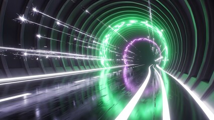 Commonwealth Games 2026 -A futuristic tunnel with vibrant green and purple neon lights speeding through it
